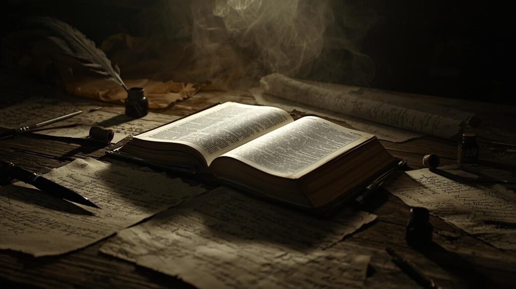 La Bible ouverte et posée sur le table de l'écrivain
