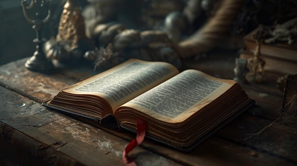 La Bible posée sur le bureau de l'écrivain.