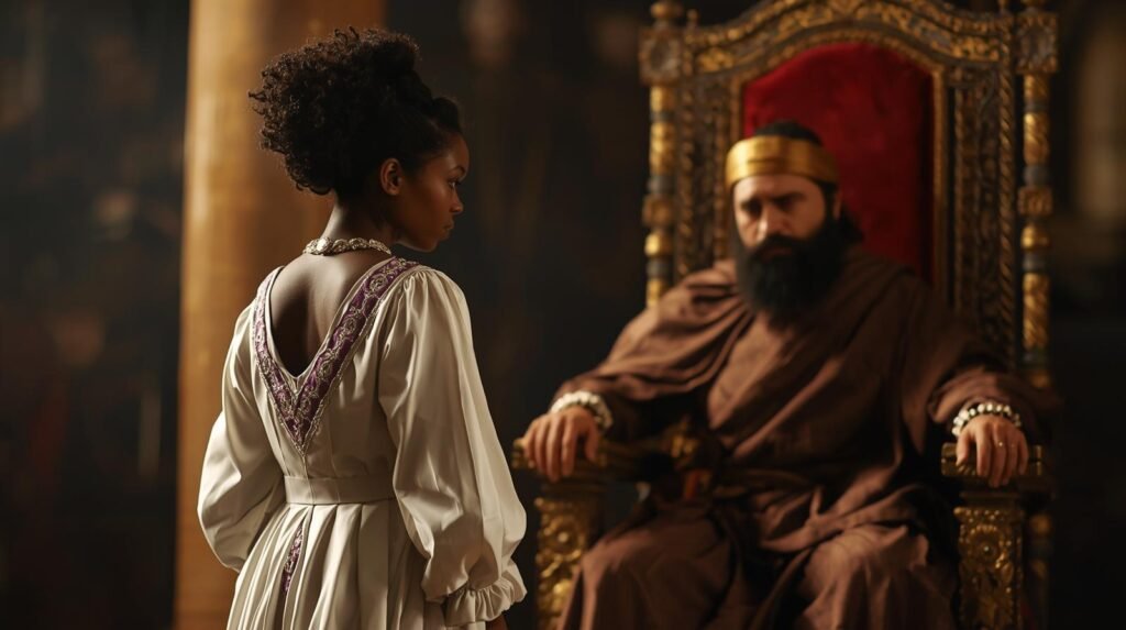 Le roi Saül, sur son trône regrettant ses actions et la jeune Améthyste méditant sur ce qu'il vient de lui dire.