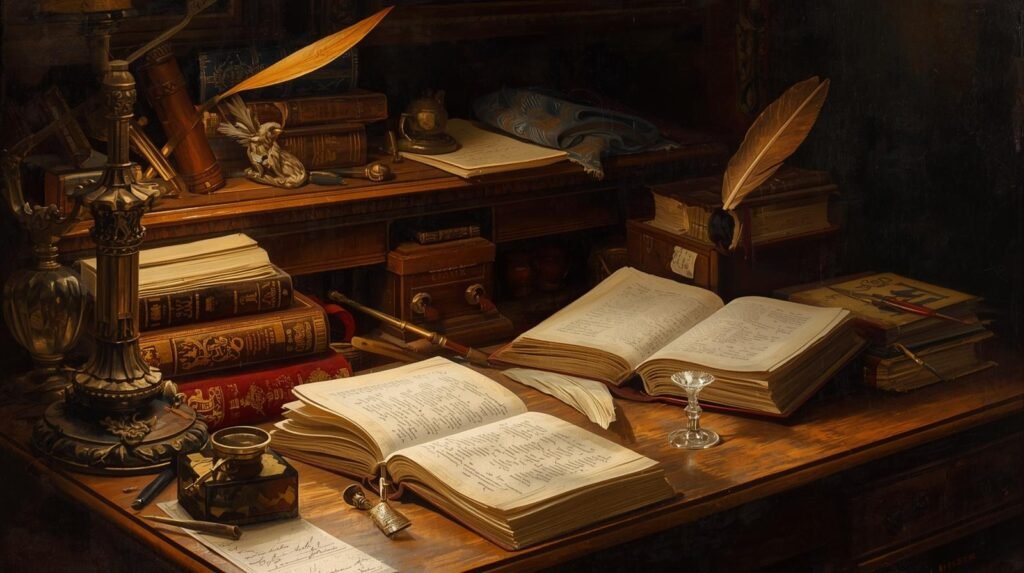 L'usine de l'écriture littéraire : livres, plume, encre, etc.