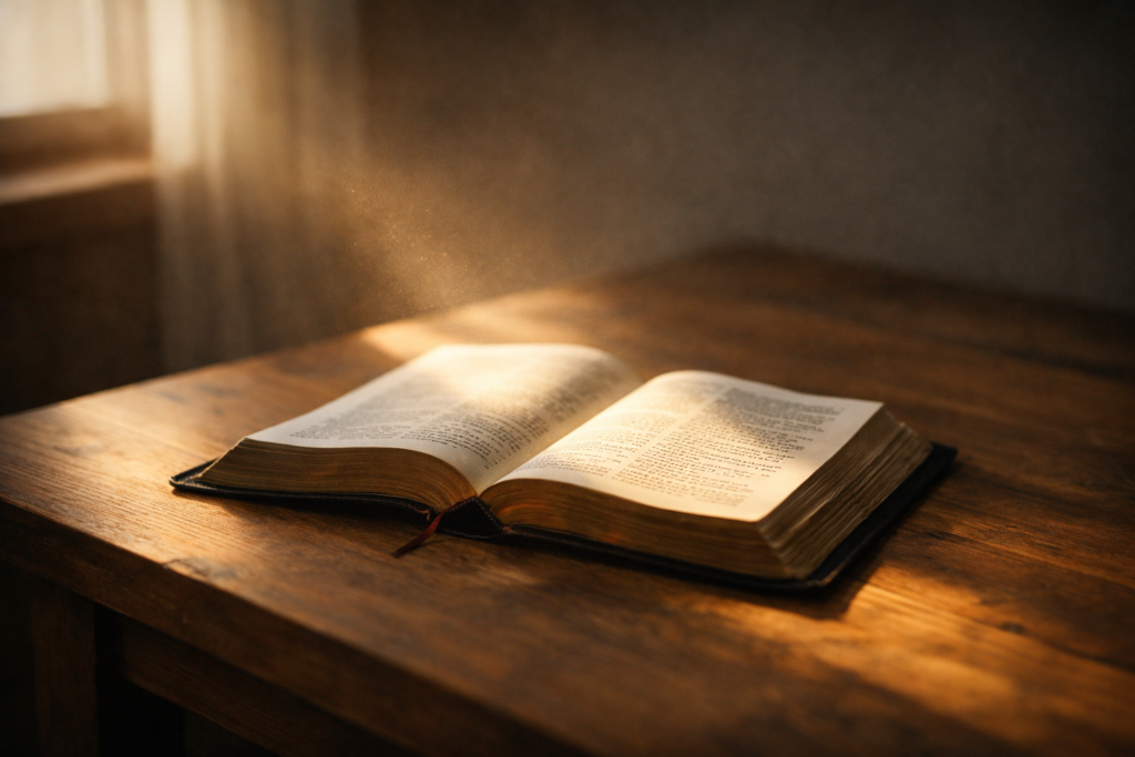 Bible ouverte posée sur une table en bois, éclairée partiellement par une lumière douce du matin, avec une partie des pages dans l’ombre, illustrant que la Bible ne dit pas tout