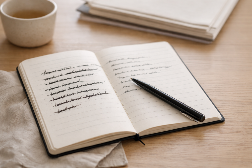 Carnet ouvert avec texte raturé, illustrant le processus de couper un texte pour écrire avec justesse