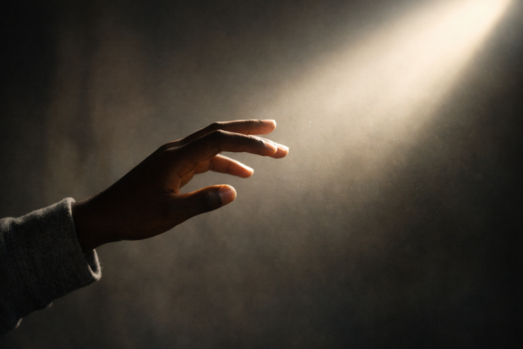 Main tendue vers un objet sans le toucher, illustrant la crainte de Dieu et la limite invisible dans la relation avec Dieu