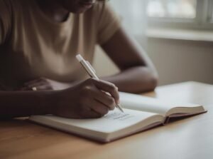 Personne écrivant dans un carnet, illustrant la question à qui j’écris vraiment et la réflexion intérieure sur l’écriture