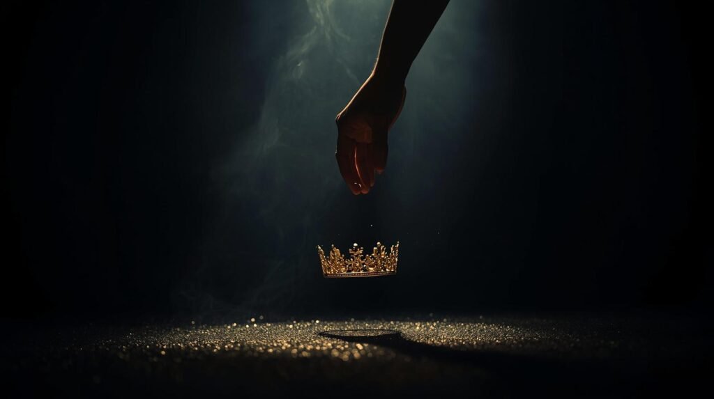 Couronne dorée déposée devant une lumière, évoquant la couronne de justice rendue à Dieu.