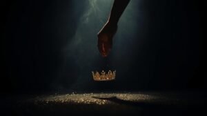Couronne dorée déposée devant une lumière, illustrant la couronne de gloire rendue à Dieu