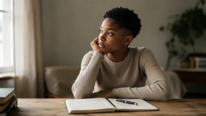 Jeune femme noire écrivant dans un carnet, illustrant le fait d’écrire vrai et de se laisser atteindre par le texte