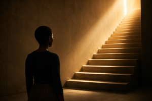 Jeune adolescente, immobile au pied d’un escalier éclairé, illustrant quand Dieu parle mais la transformation intérieure hésite encore à suivre.