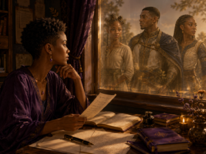Une jeune autrice observe le reflet de trois personnages de roman dans une fenêtre, symbole de la manière dont comprendre un personnage transforme aussi le regard de son créateur.