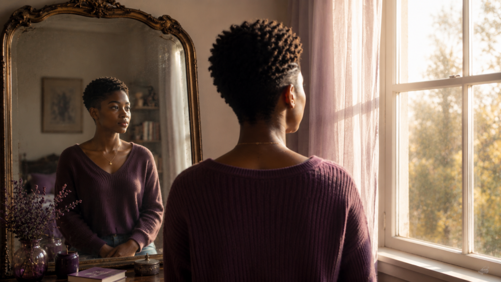 Jeune femme de dos devant une fenêtre, son visage apparaissant dans le reflet d'un miroir, illustrant la difficulté de recevoir le pardon de Dieu.