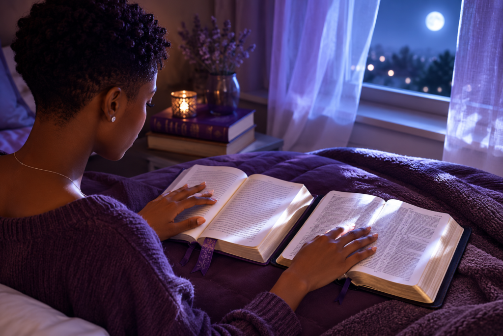 Améthyste médite le silence de Jésus en lisant L'Altesse sans couronne aux côtés de sa Bible, sous la lumière de la lune.