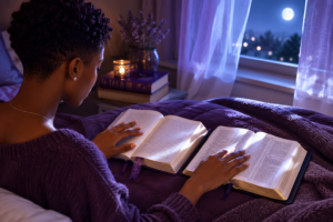 Améthyste médite le silence de Jésus en lisant L'Altesse sans couronne aux côtés de sa Bible, sous la lumière de la lune.